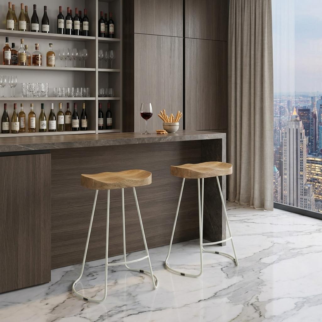 Set of Two 25" Natural And White Solid Wood And Steel Backless Counter Height Bar Chairs