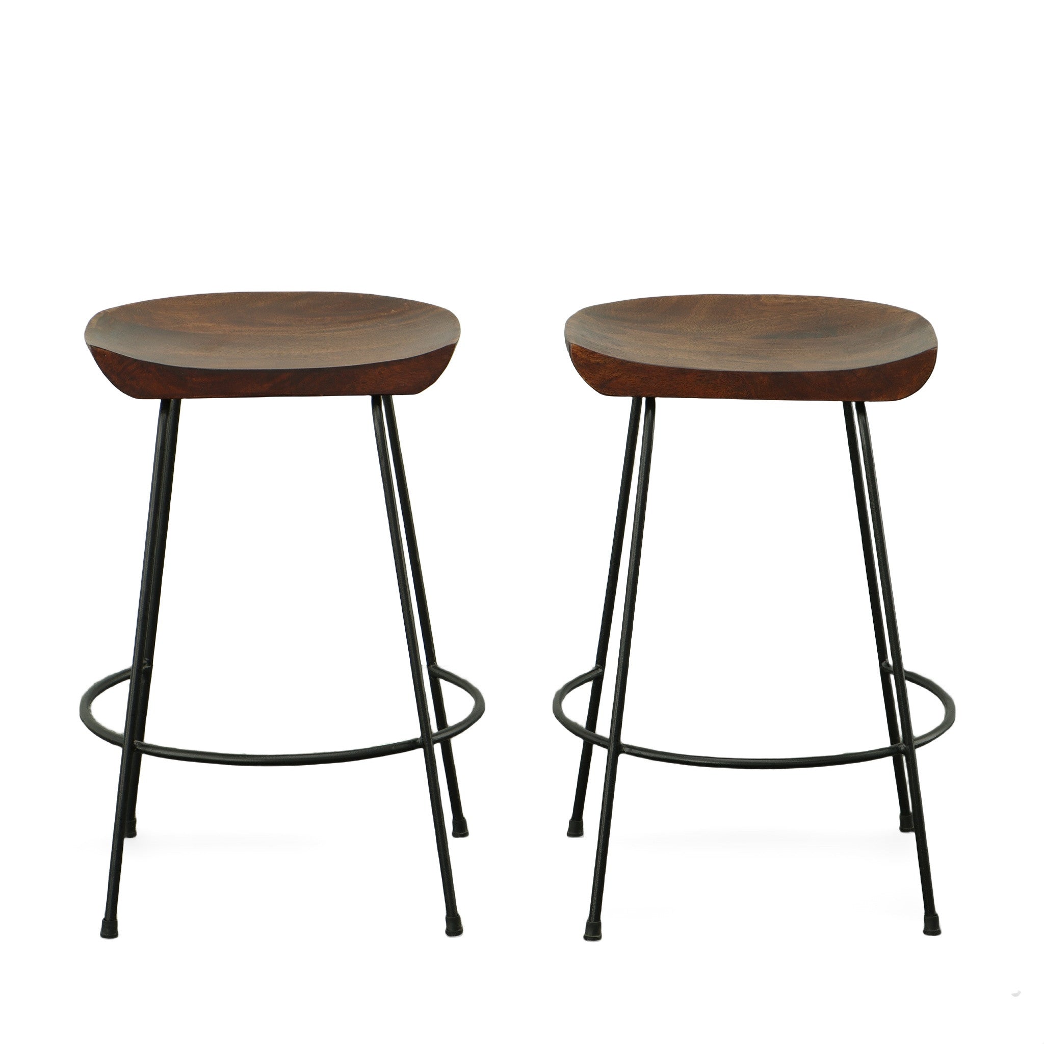 Set of Two 25" Chestnut And Black Steel Backless Counter Height Bar Chairs