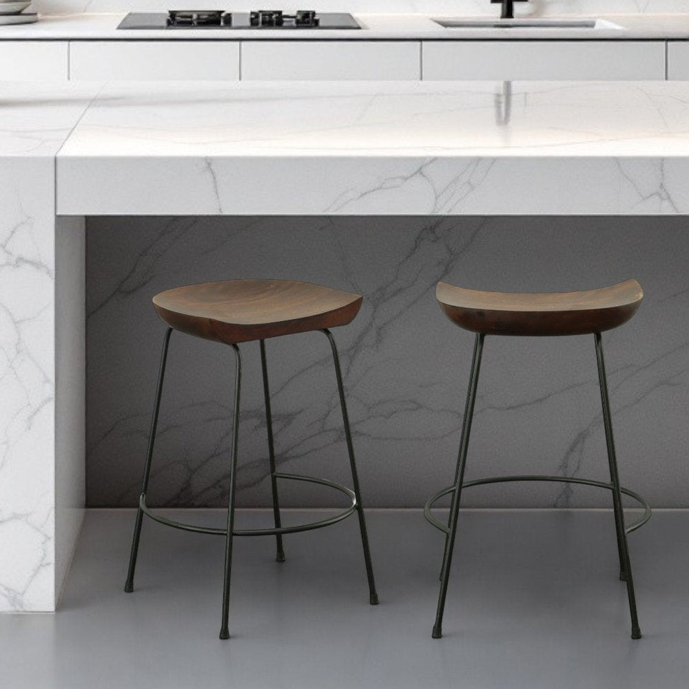 Set of Two 25" Chestnut and Black Solid Wood and Steel Backless Counter Height Bar Chairs