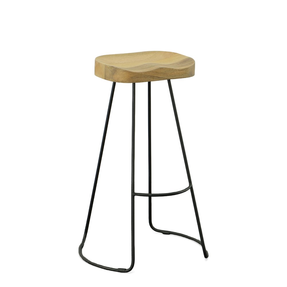 Set of Two 31" Natural and Black Solid Wood and Steel Backless Bar Height Bar Chairs