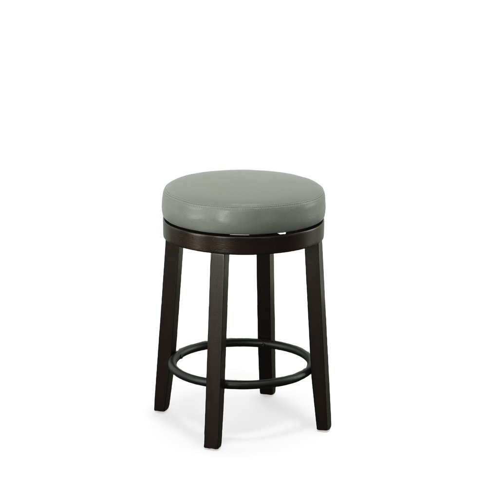 Set of Two 24" Gray and Espresso Faux Leather and Solid Wood Backless Counter Height Swivel Bar Chairs