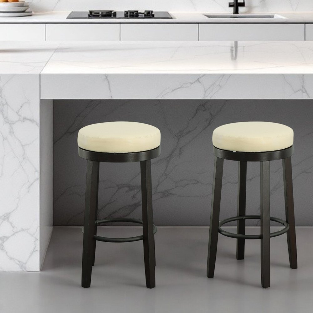 Set of Two 30" Cream and Espresso Faux Leather and Solid Wood Backless Bar Height Swivel Bar Chairs