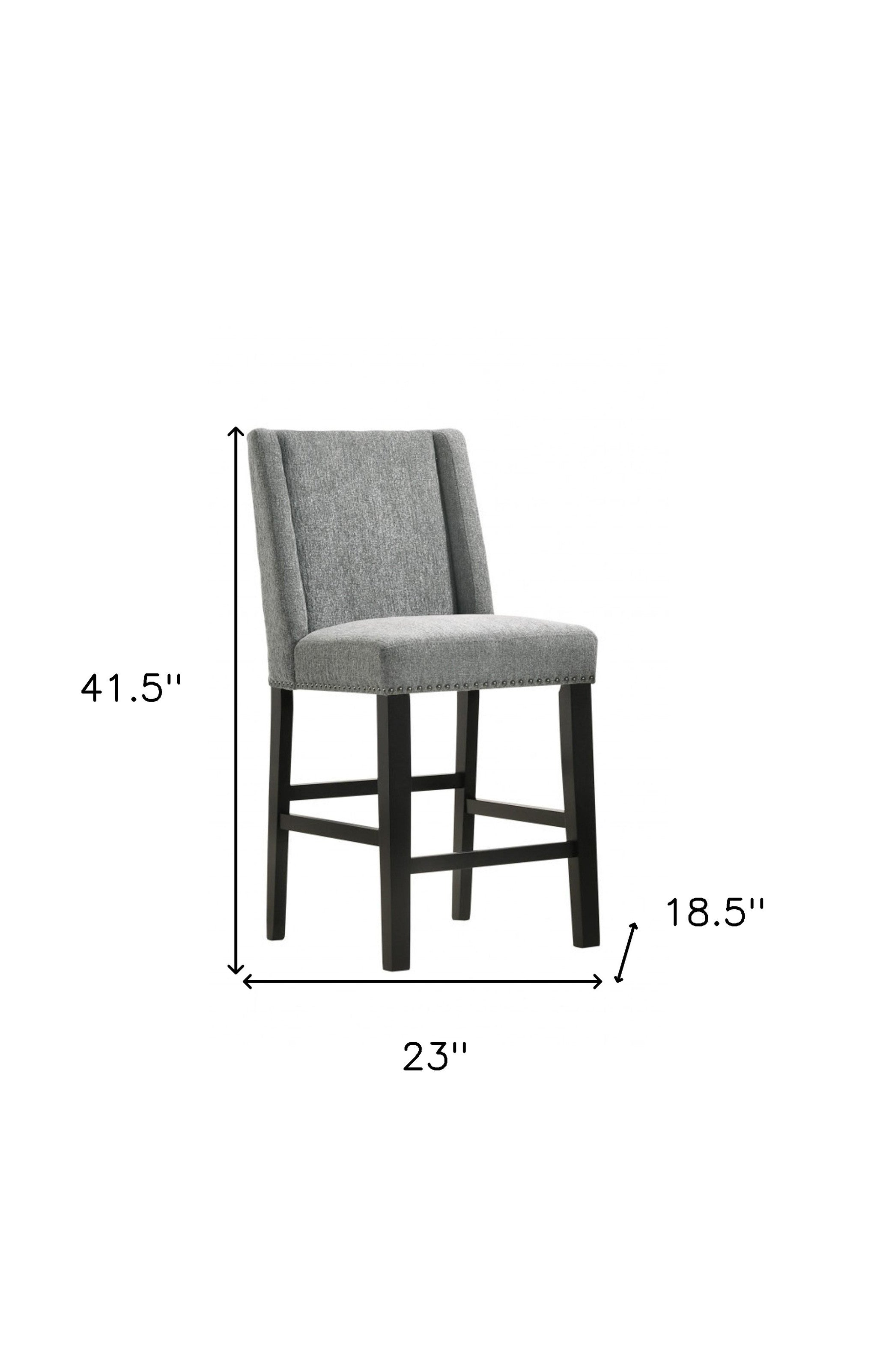Set of Two 42" Charcoal And Espresso Fabric And Solid Wood Bar Chairs
