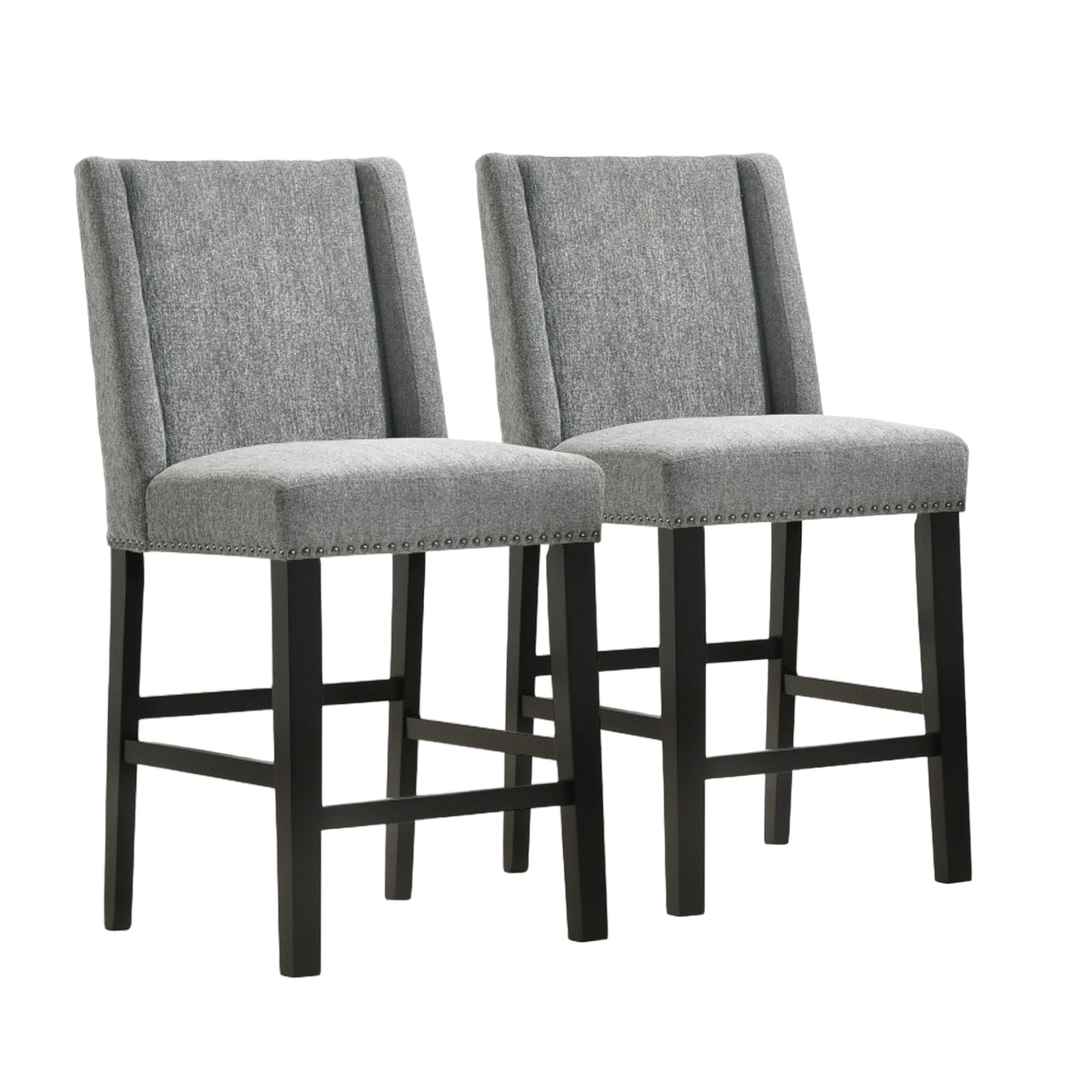 Set of Two 42" Charcoal And Espresso Fabric And Solid Wood Bar Chairs