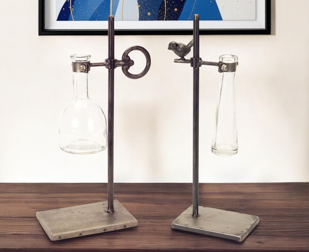 Set of Two Clear and Black Metal and Glass Apothecary Jar