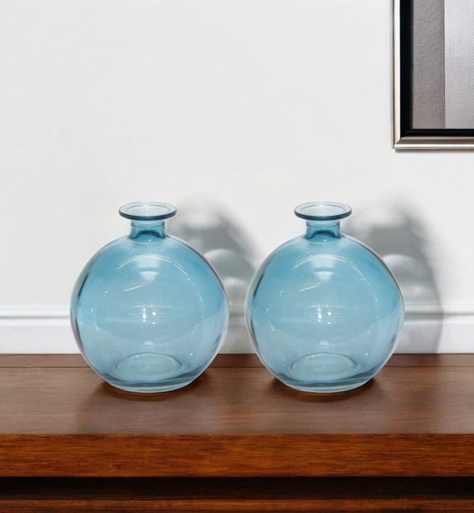 Set of Two Blue Glass Round Table Vase