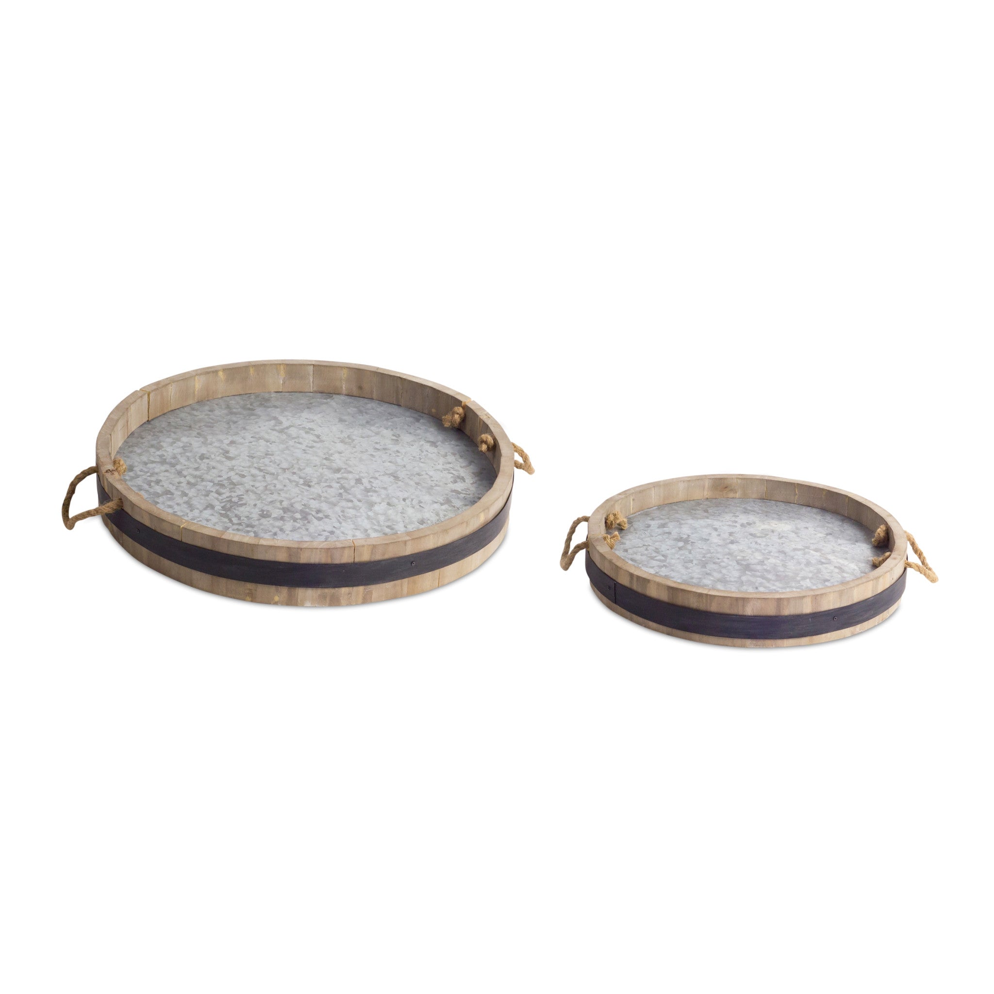 Set Of Two Brown Round Solid Wood Serving Tray With Handles
