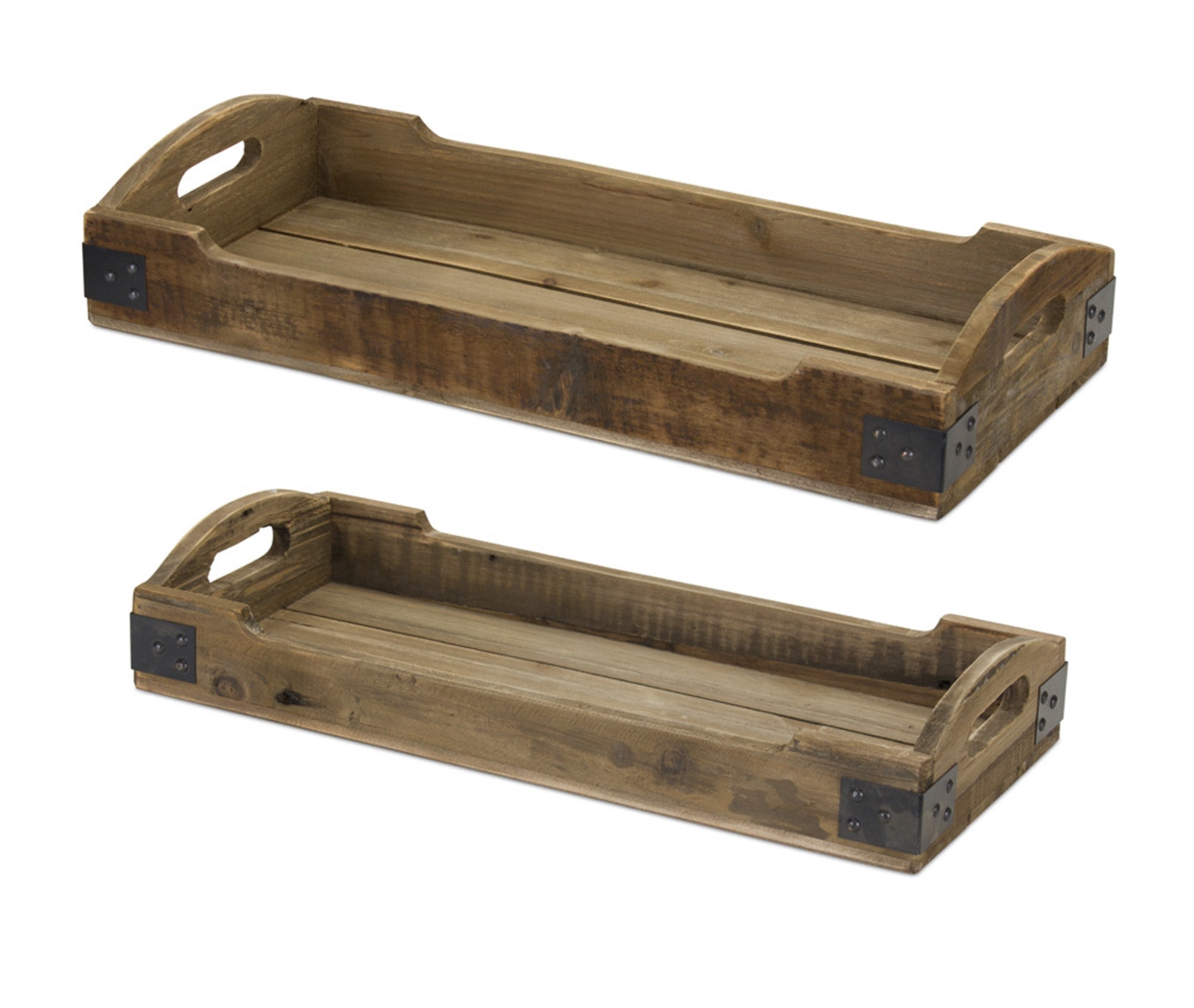 Set Of Two Brown Rectangular Solid Wood Serving Tray With Handles