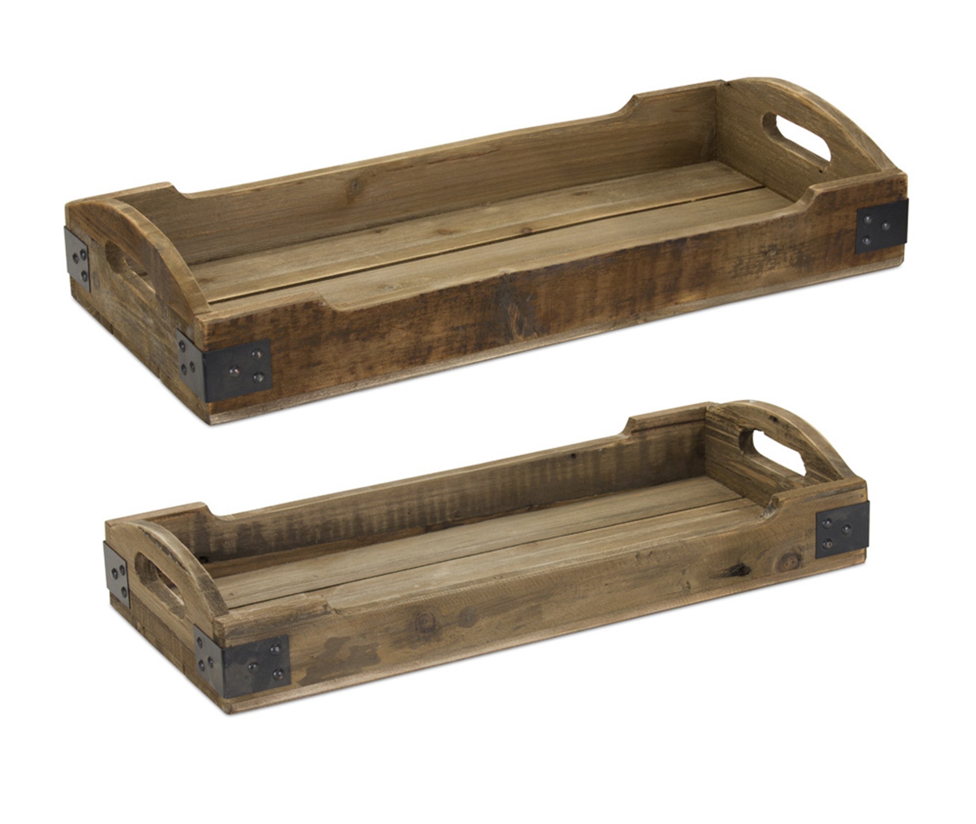 Set Of Two Brown Rectangular Solid Wood Serving Tray With Handles
