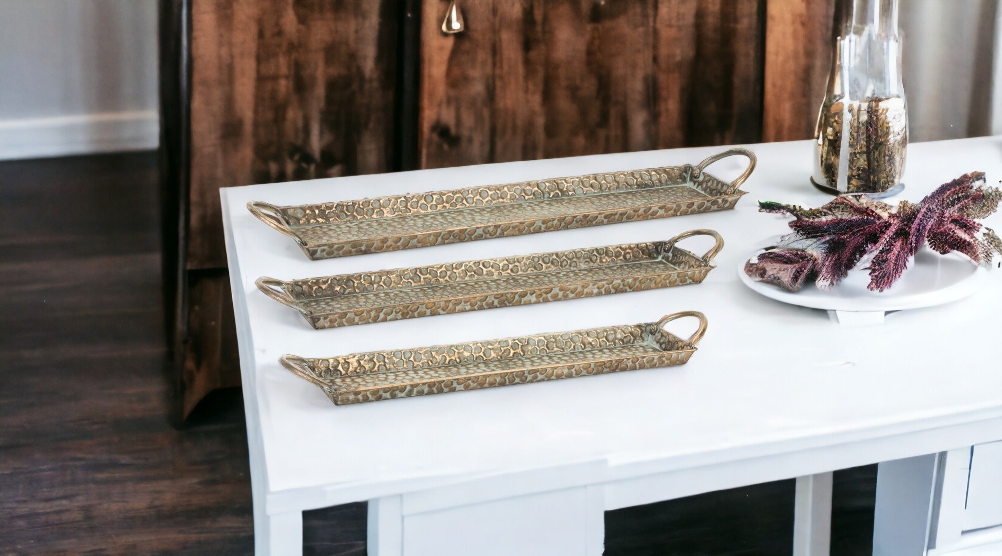 Set of Three Gold Metal Serving Tray With Handles