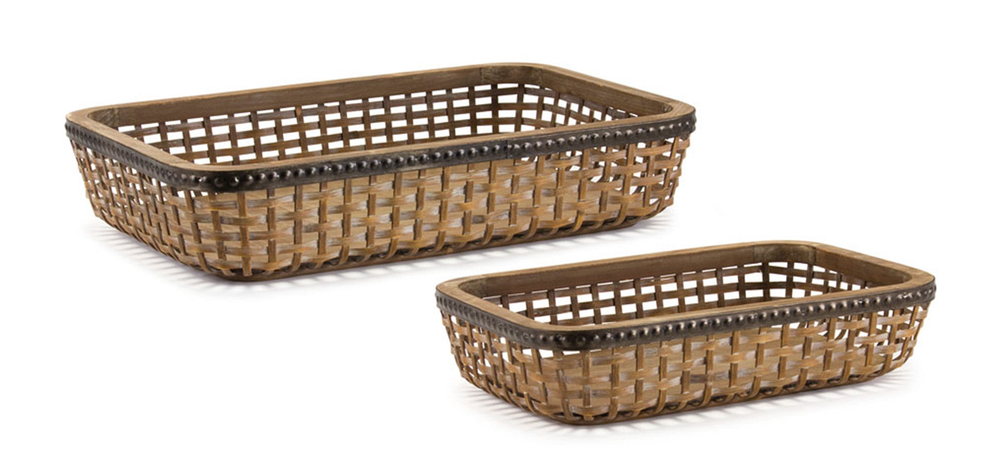 Set of Two Brown Rectangular Woven Bamboo Wood Serving Tray