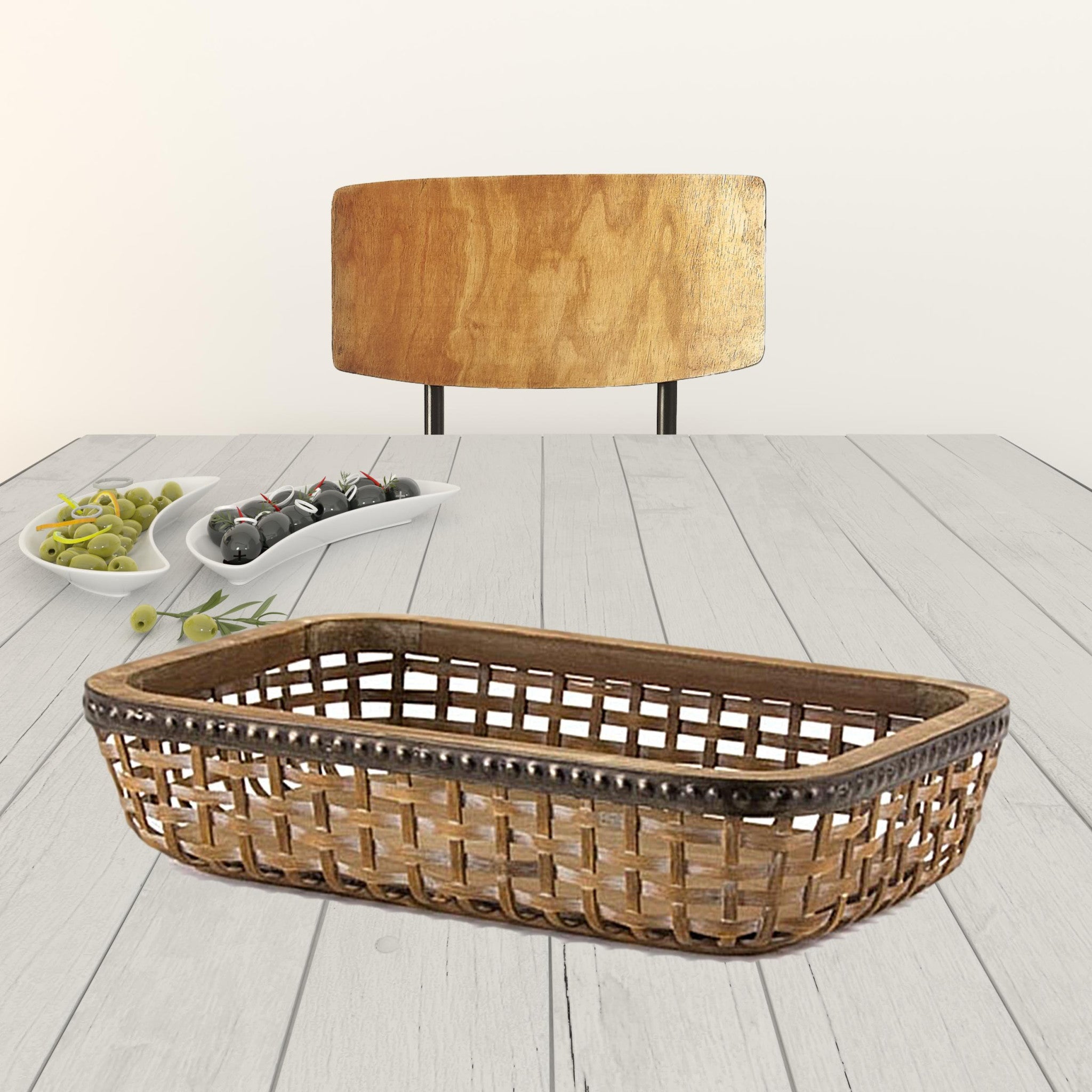 Set of Two Brown Rectangular Woven Bamboo Wood Serving Tray