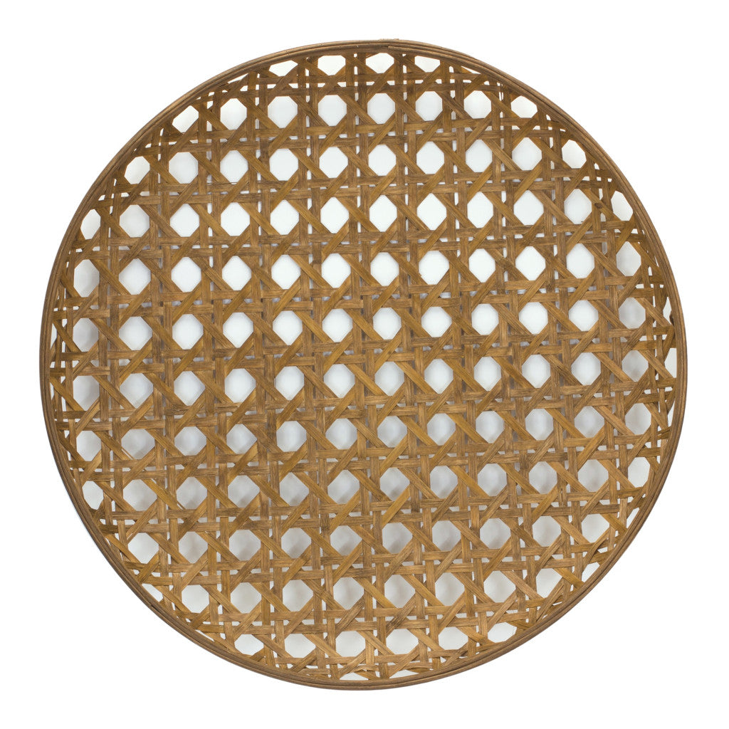 26" Brown Bamboo Weave Round Wood Tray
