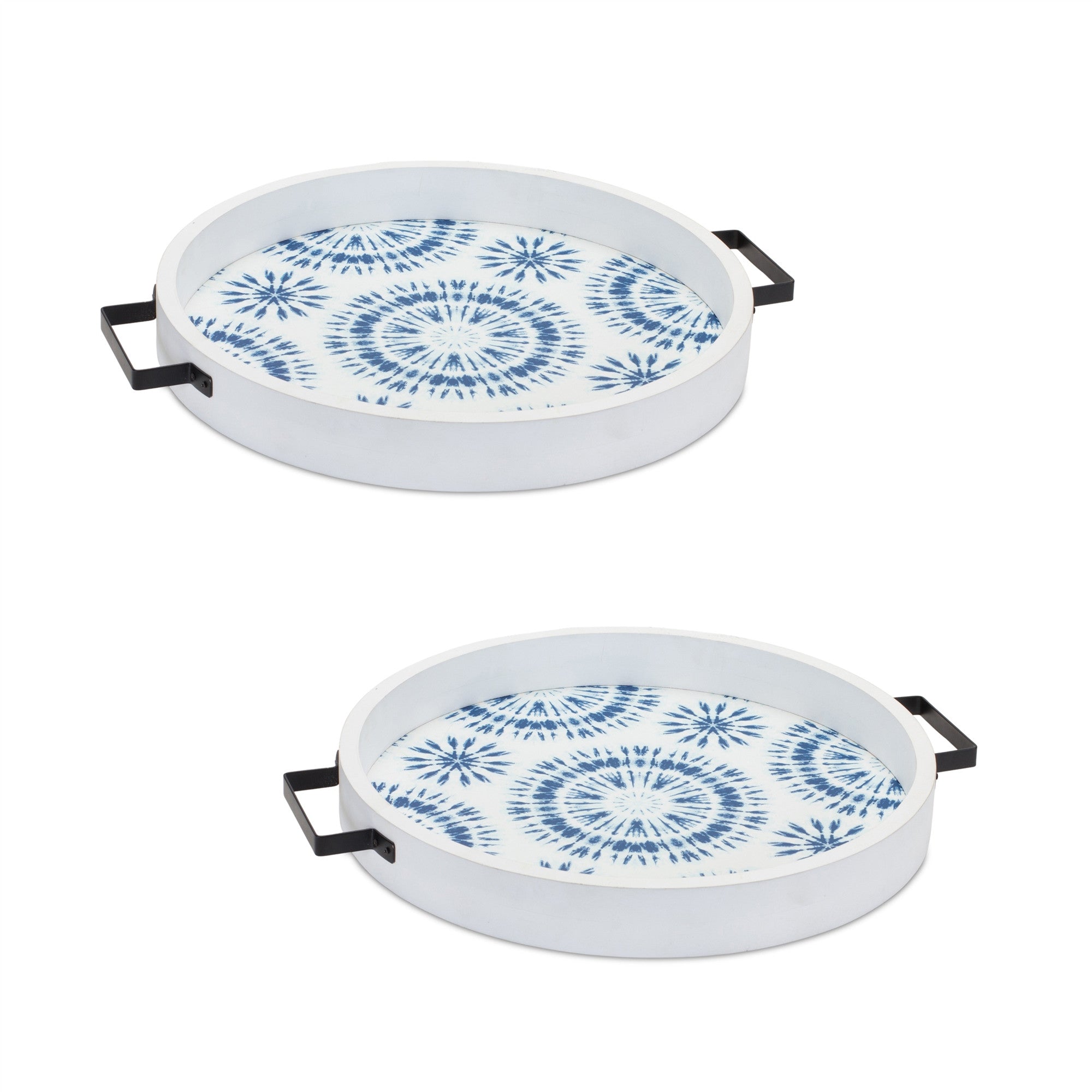 Set of Two Blue Round Solid Wood Vanity Tray With Handles