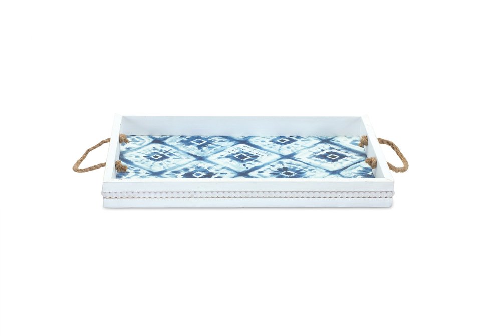 Set of Two White And Blue Solid Wood Geometric Trays With Handles