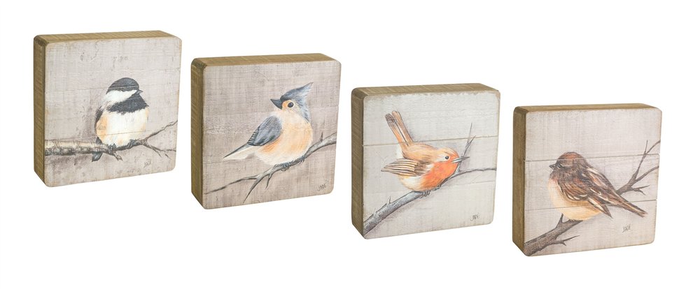 Set of Four Brown Bird Square Wood Plaques Hanging Wall Decor