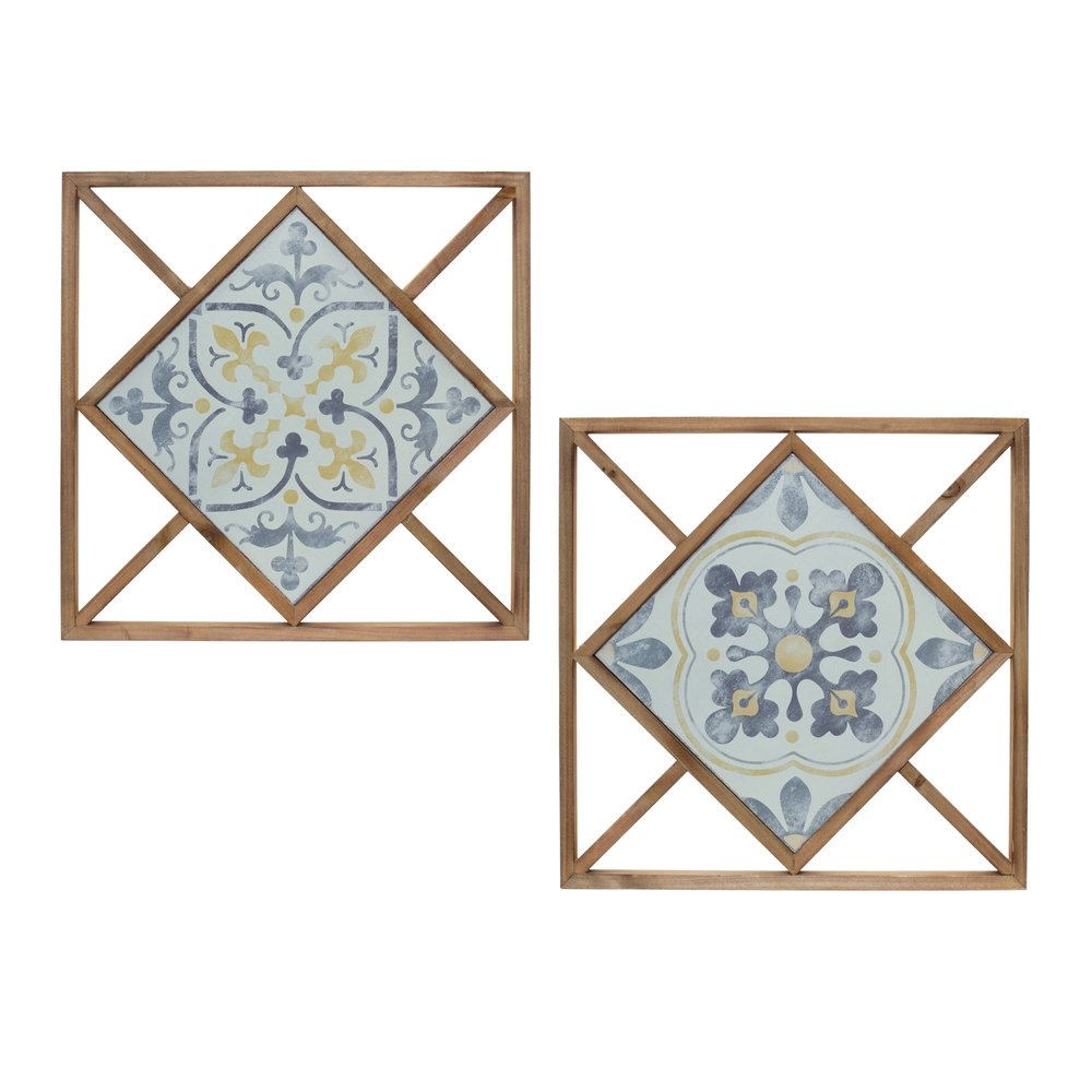 Set of Two White Blue And Brown Floral Wood and Metal Square Framed Art