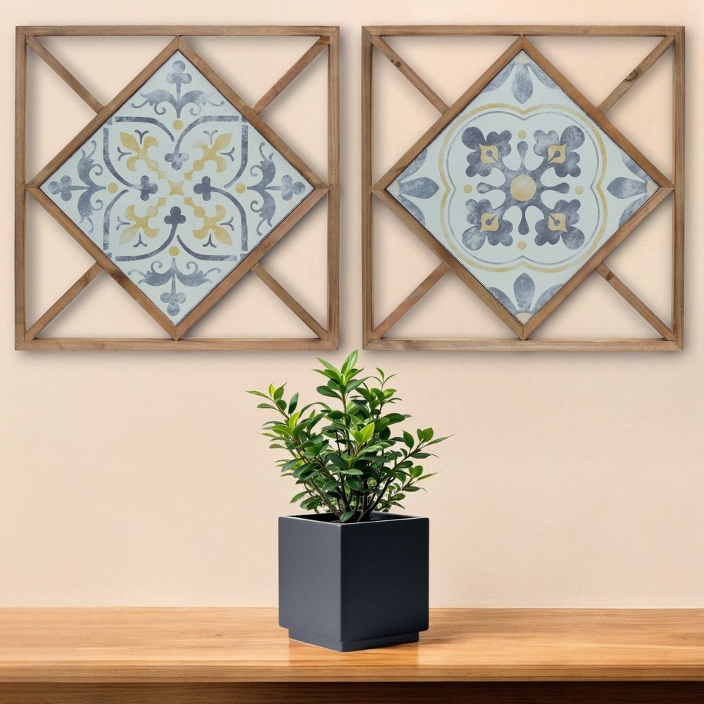 Set of Two White Blue And Brown Floral Wood and Metal Square Framed Art