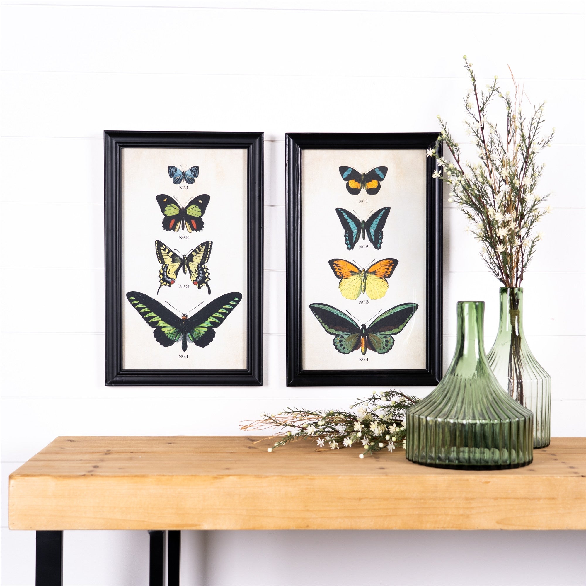 Set of Two Black Blue And Green Butterfly Solid Wood Framed Art