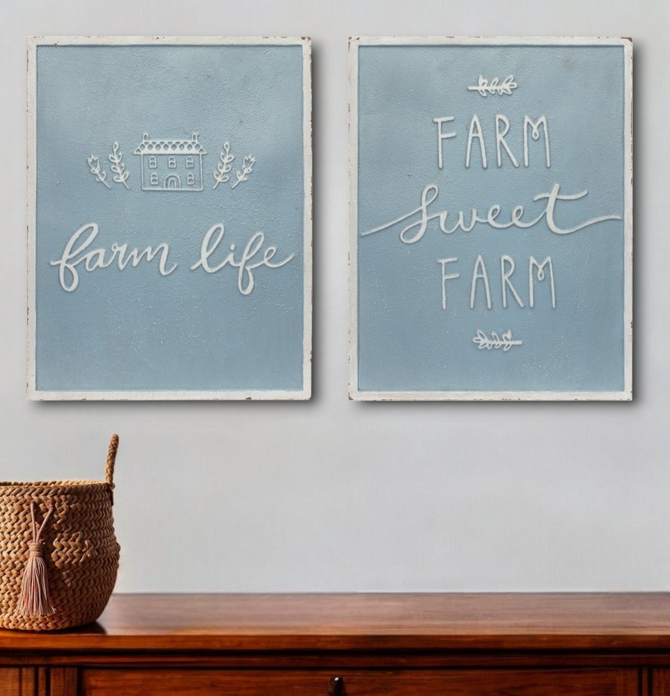 Set of Two Blue And White Farm Sweet Farm Metal Wall Decor