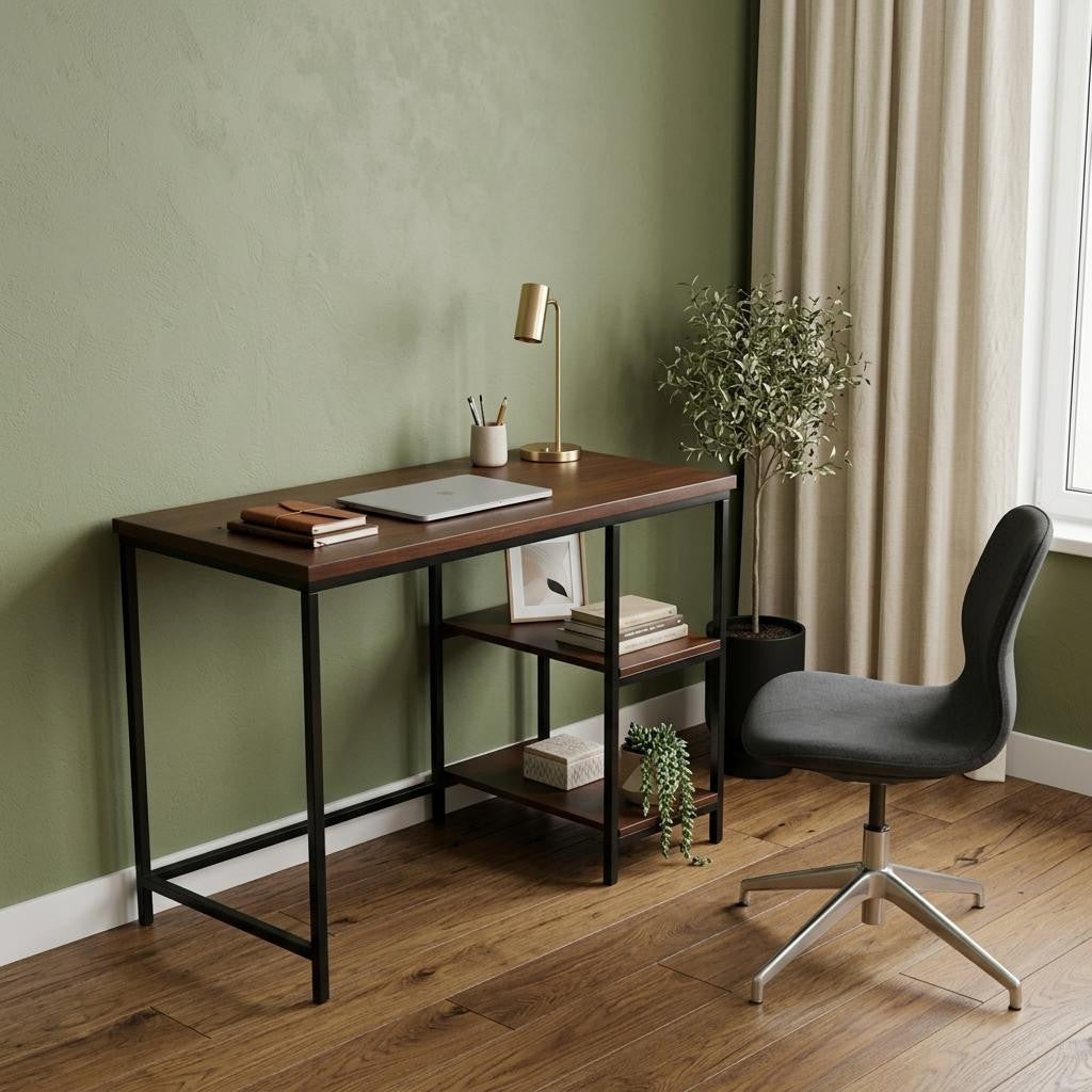 42" Chestnut and Black Solid Wood and Stainless Steel Computer Desk