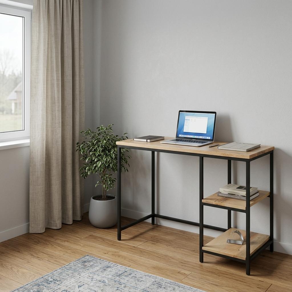 42" Natural and Black Solid Wood and Metal Computer Desk