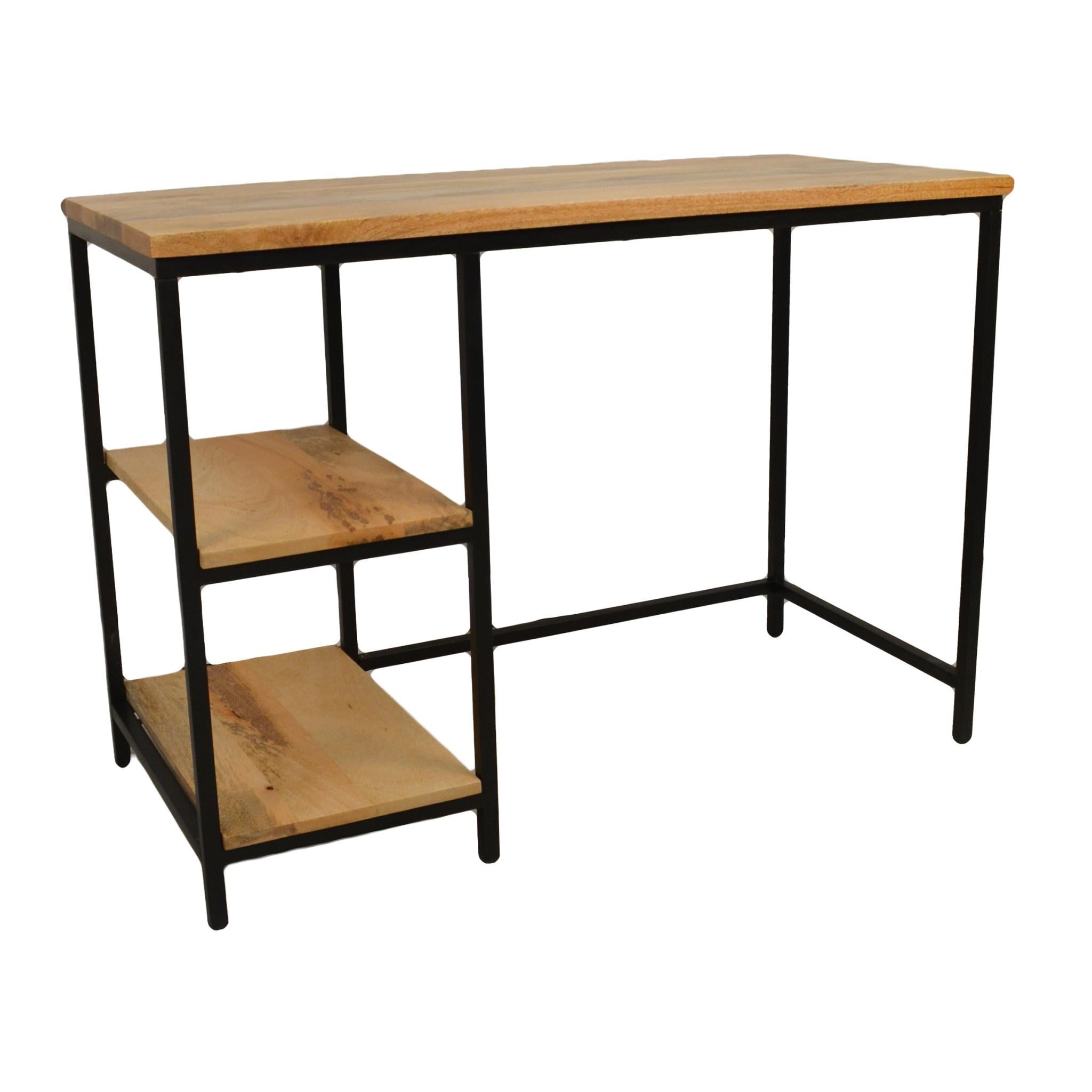 42" Natural and Black Solid Wood and Metal Computer Desk