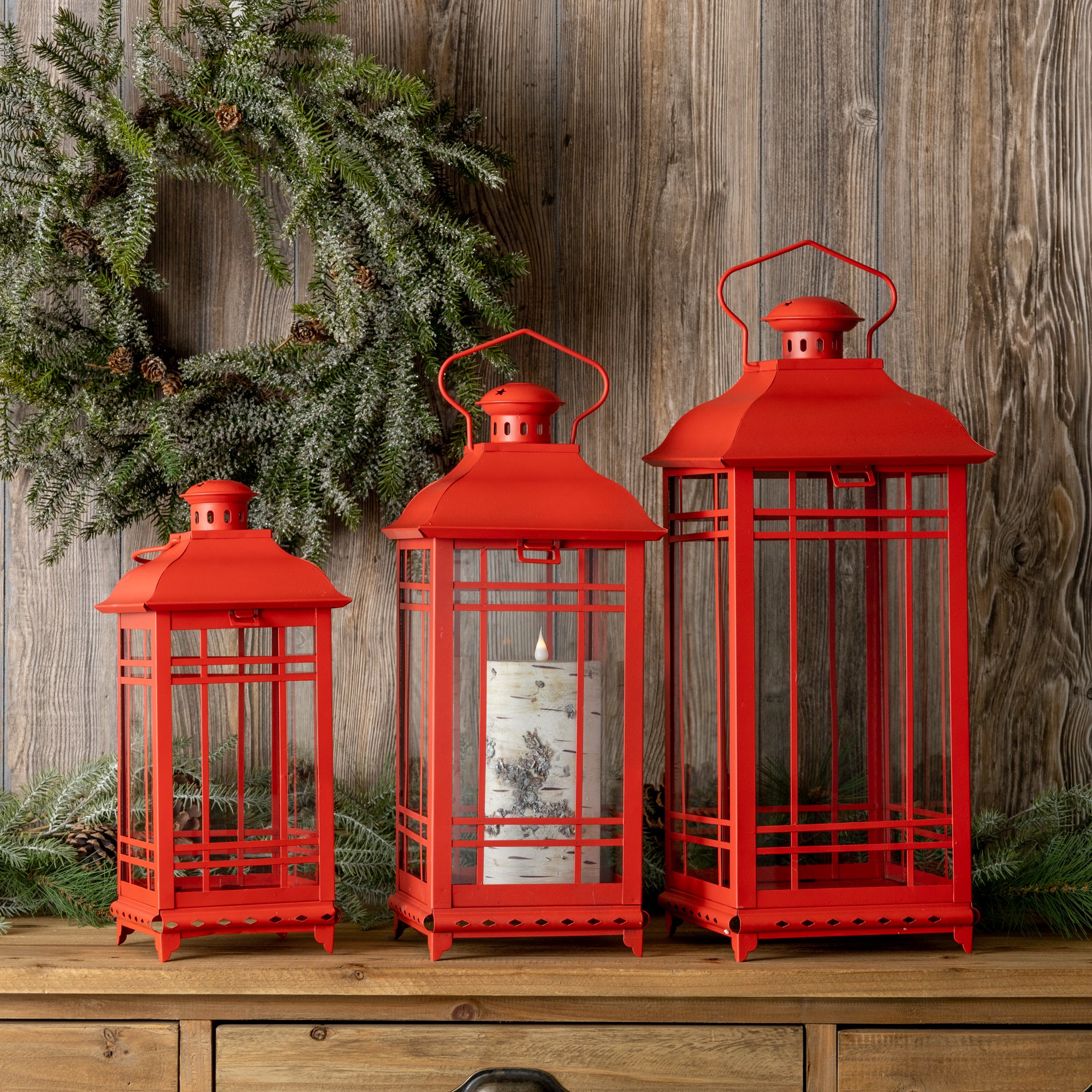 Set of Three Red Glass and Metal Geometric Floor Lantern Candle Holders