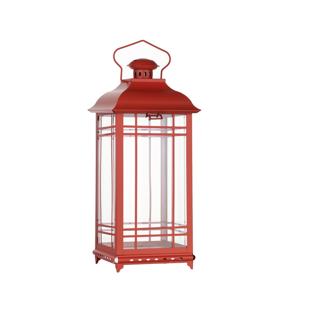 Set of Three Red Geometric Glass And Metal Floor Lantern Candle Holders