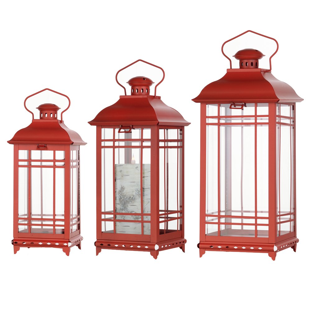 Set of Three Red Geometric Glass And Metal Floor Lantern Candle Holders