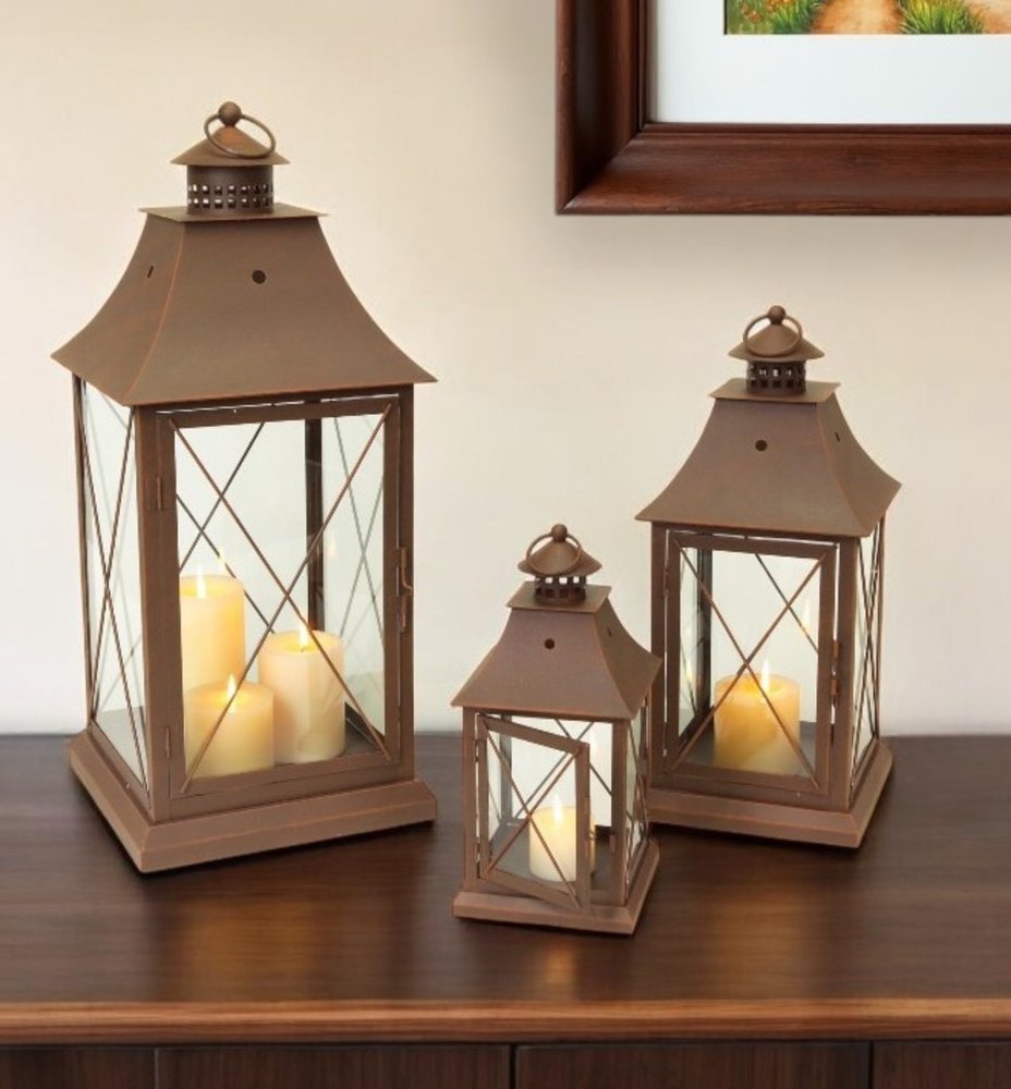Set of Three Brown Lattice Glass And Metal Floor Lantern Candle Holders