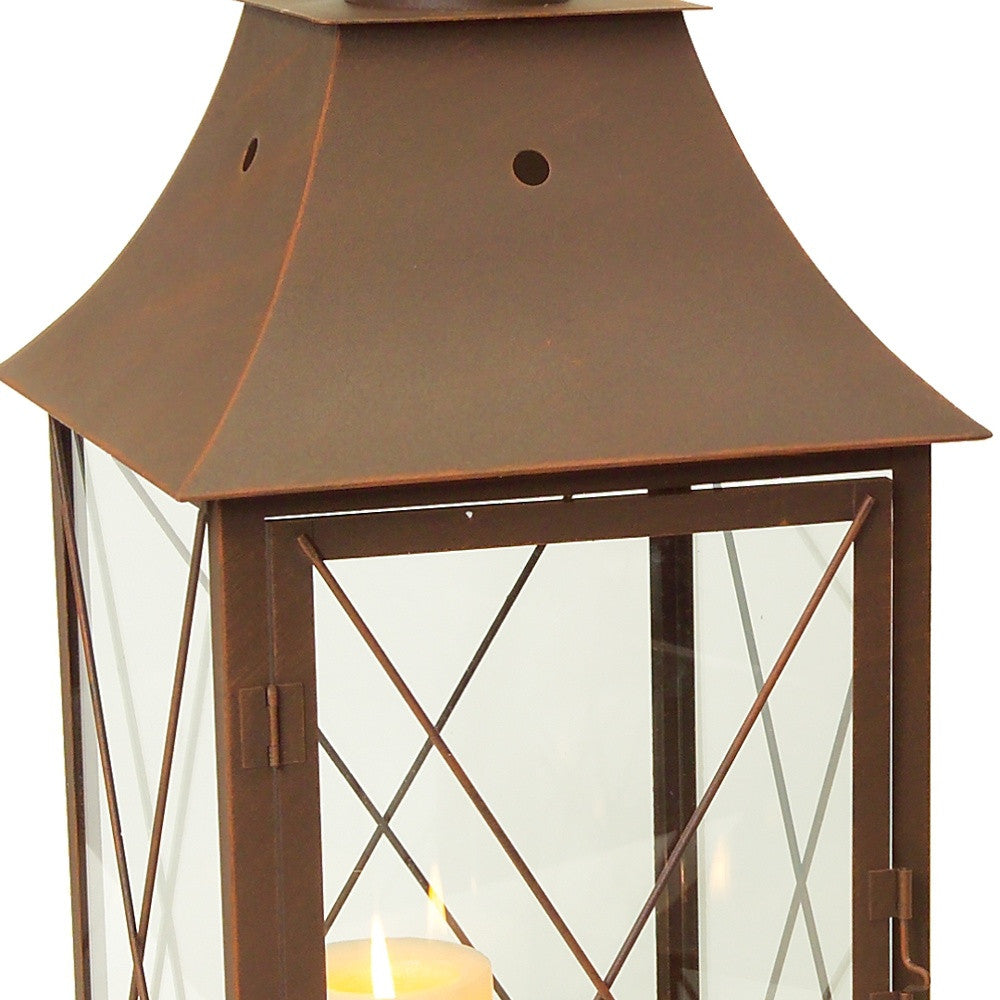 Set of Three Brown Glass and Metal Lattice Floor Lantern Candle Holders