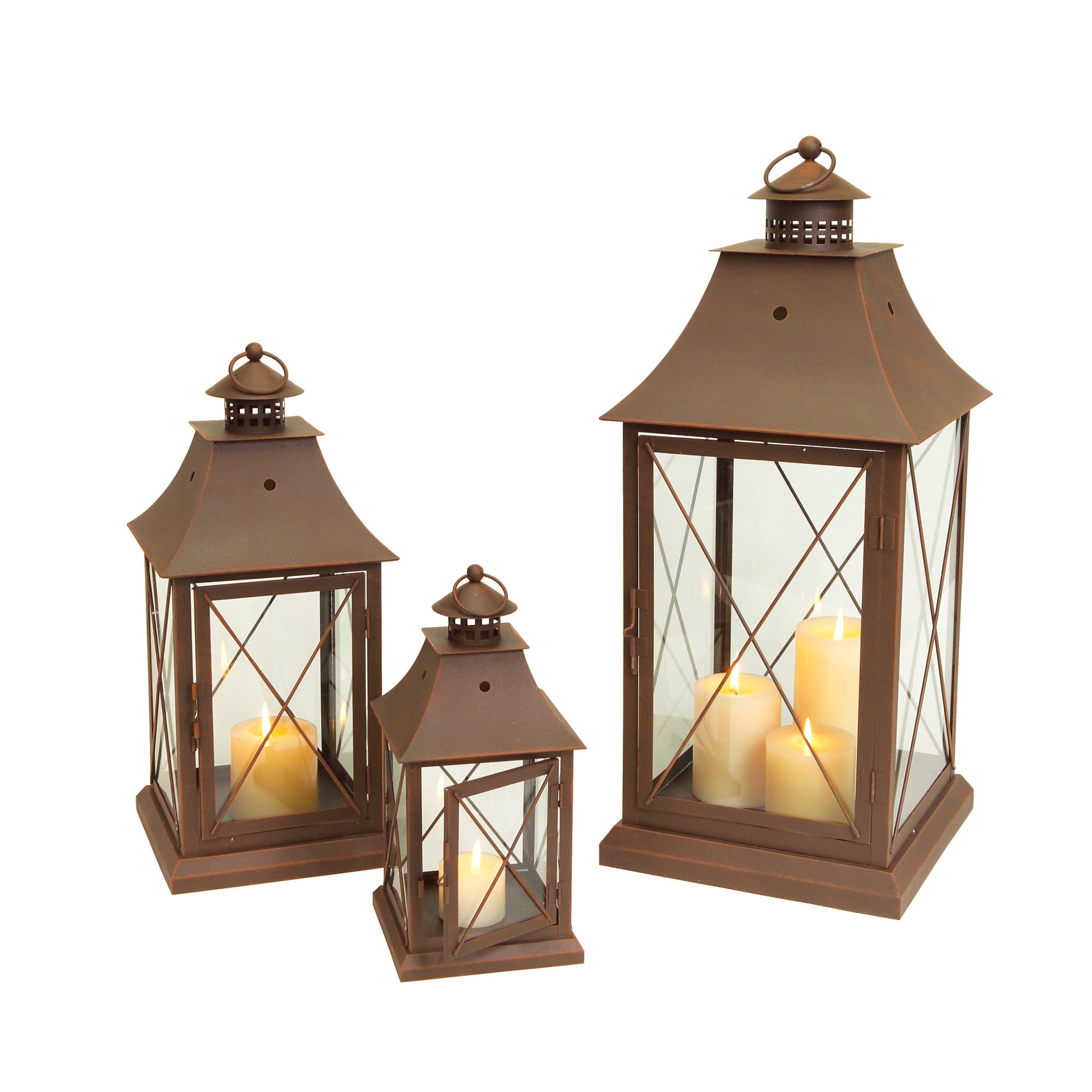 Set of Three Brown Glass and Metal Lattice Floor Lantern Candle Holders