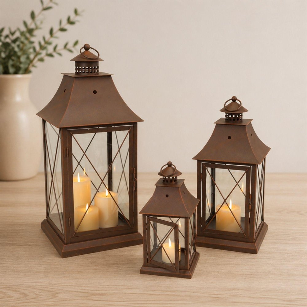 Set of Three Brown Lattice Glass And Metal Floor Lantern Candle Holders