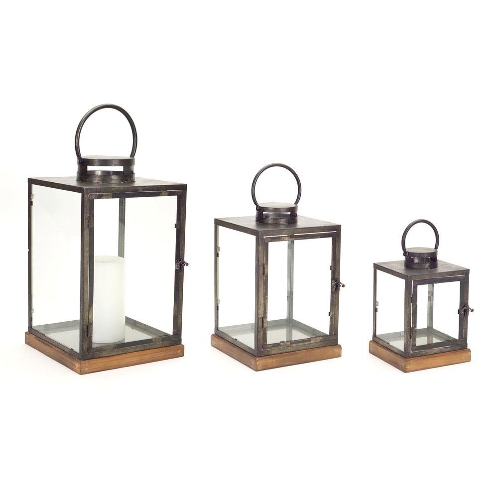Set of Three Gray And Brown Distressed Geometric Glass Metal And Wood Floor Lantern Candle Holders