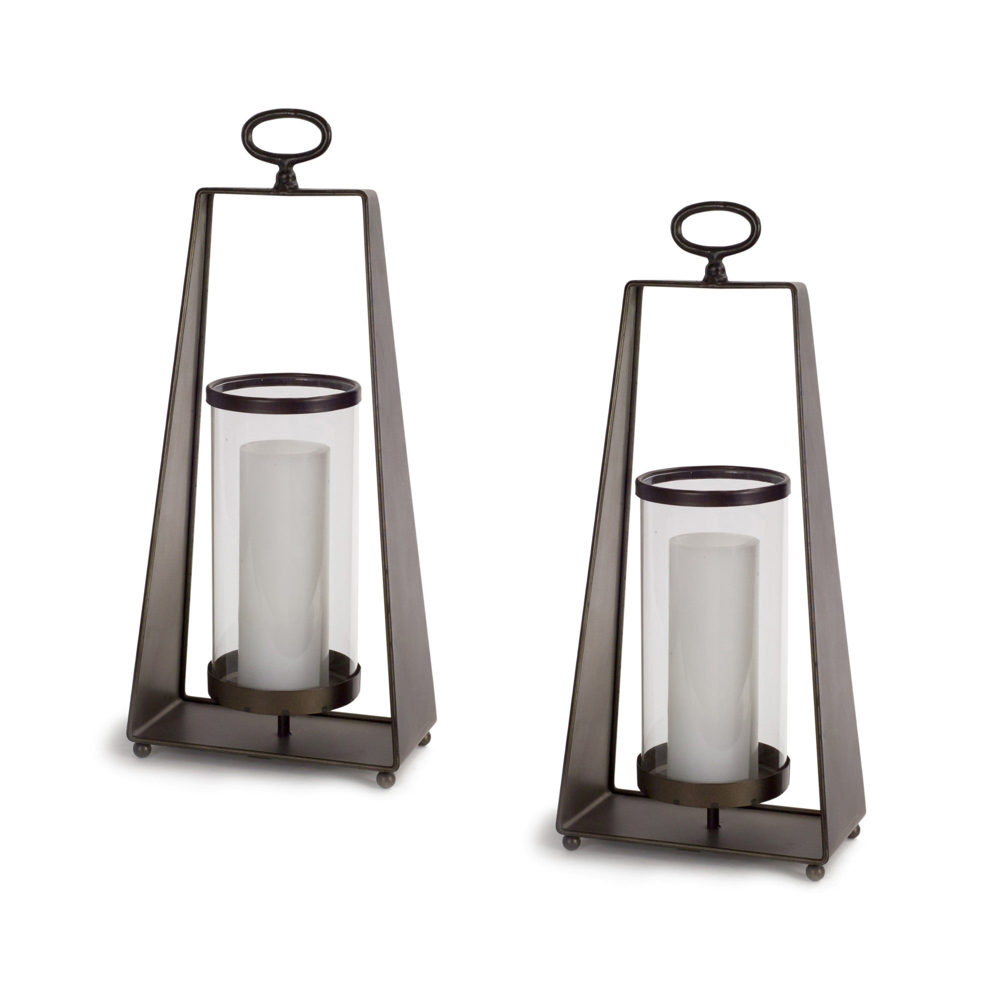 Set of Two Brown Metal Mirrored Tabletop Hurricane Candle Holders