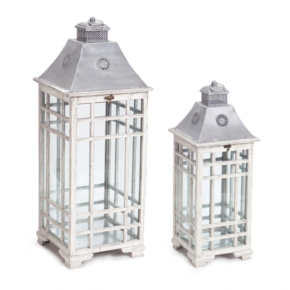 Set of Two White And Silver Distressed Geometric Metal Floor Lantern Candle Holders
