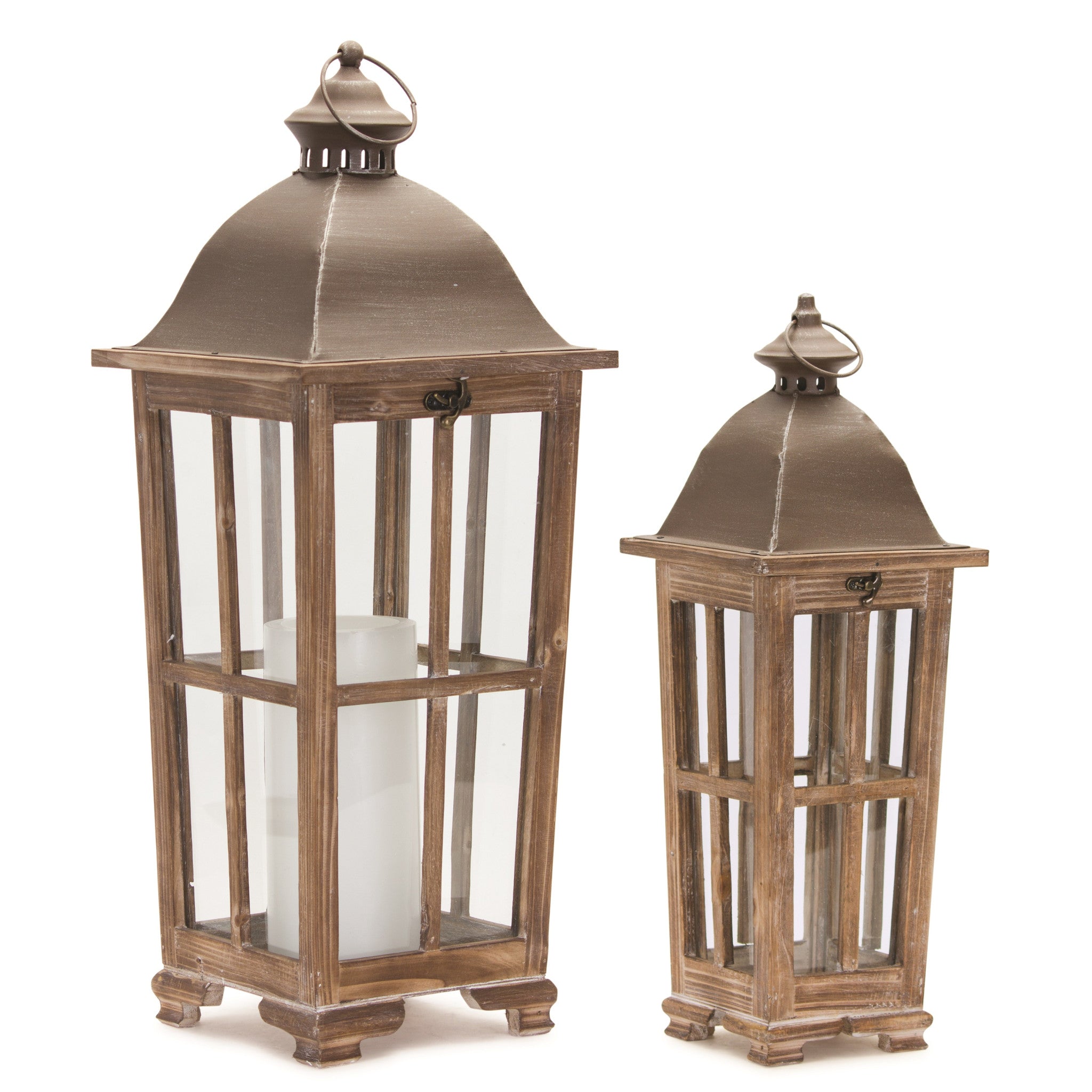 Set of Two Natural Solid Wood Ornate Tabletop Lantern Candle Holders
