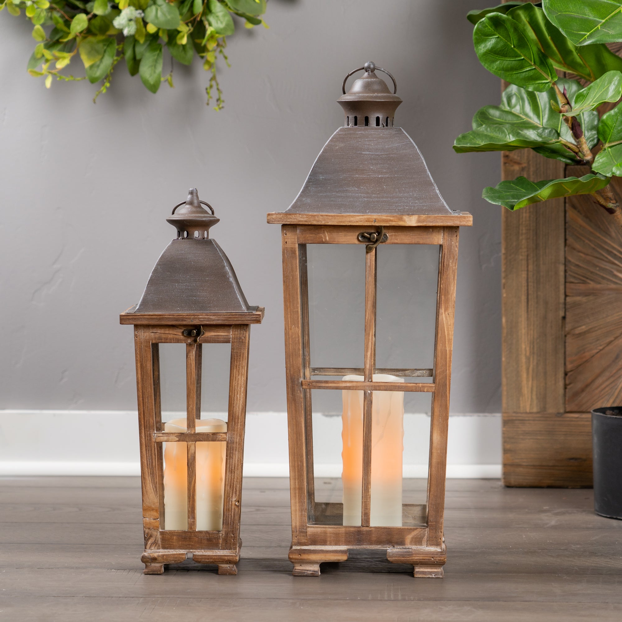 Set of Two Natural Solid Wood Ornate Tabletop Lantern Candle Holders