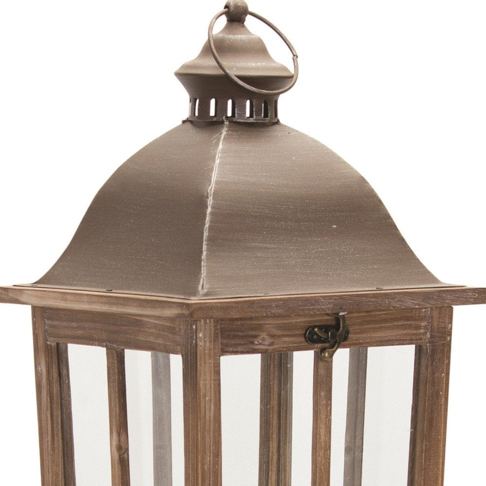 Set of Two Natural Distressed Ornate Solid Wood Tabletop Lantern Candle Holders