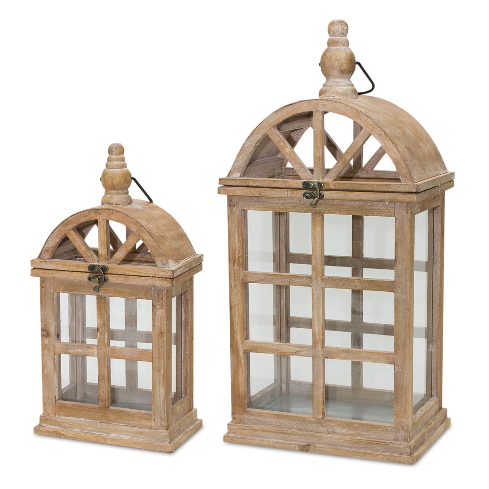 Set of Two Natural Distressed Geometric Wood And Glass Floor Lantern Candle Holders