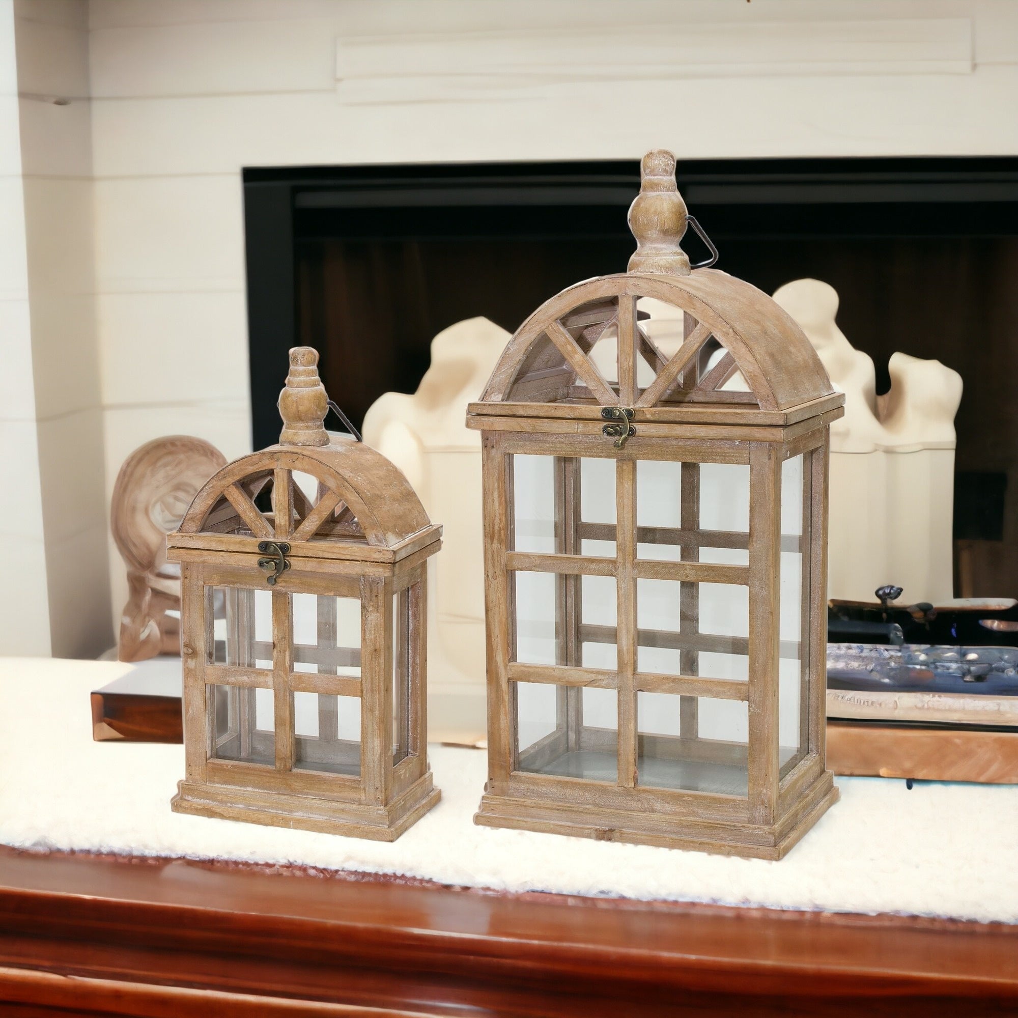 Set of Two Natural Wood and Glass Geometric Floor Lantern Candle Holders