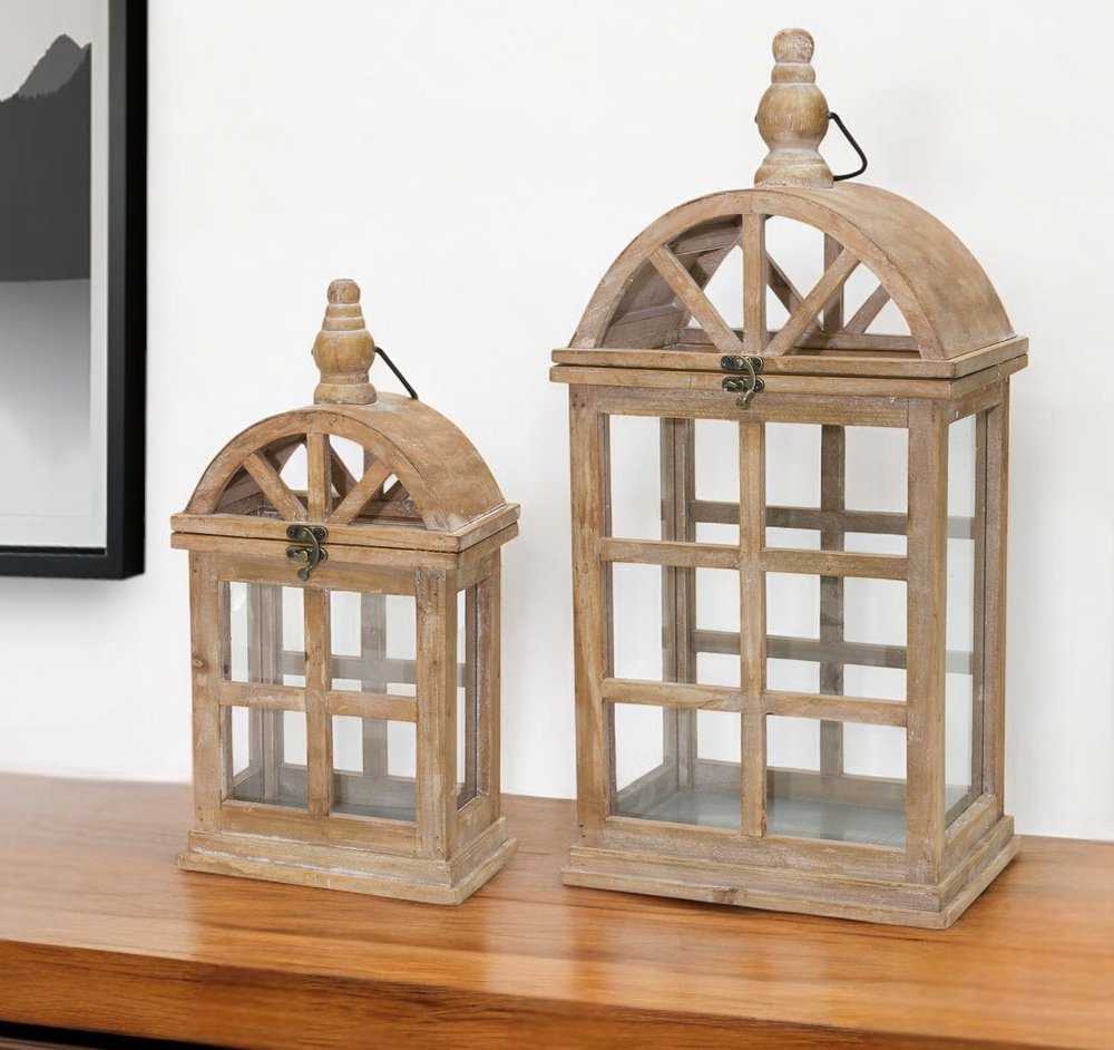 Set of Two Natural Distressed Geometric Wood And Glass Floor Lantern Candle Holders
