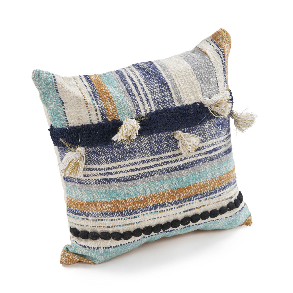 18" Blue and Beige Throw Pillow with Tassels