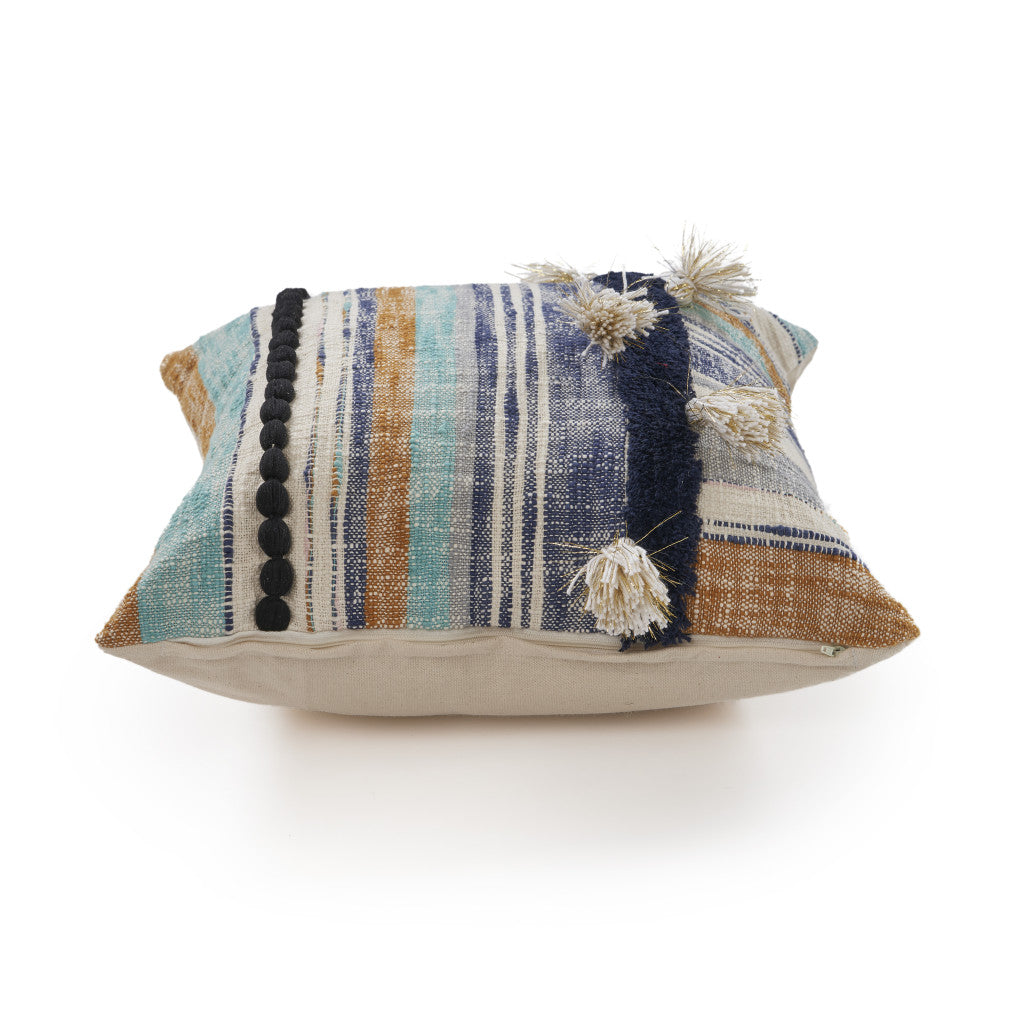 18" Blue and Beige Throw Pillow with Tassels