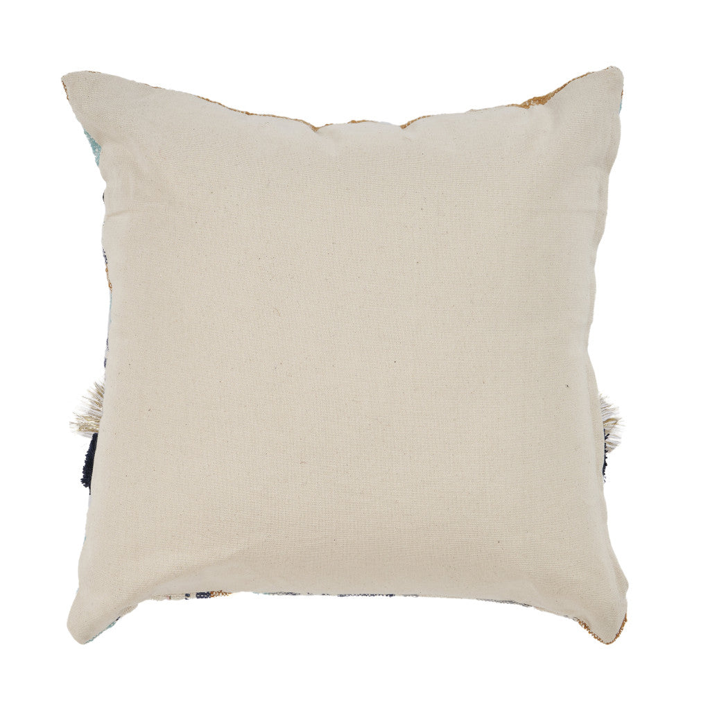 18" Blue and Beige Throw Pillow with Tassels