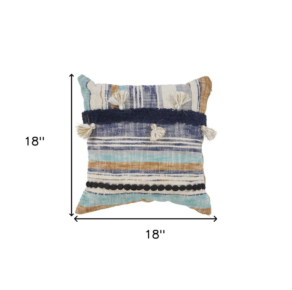 18" Blue and Beige Throw Pillow with Tassels