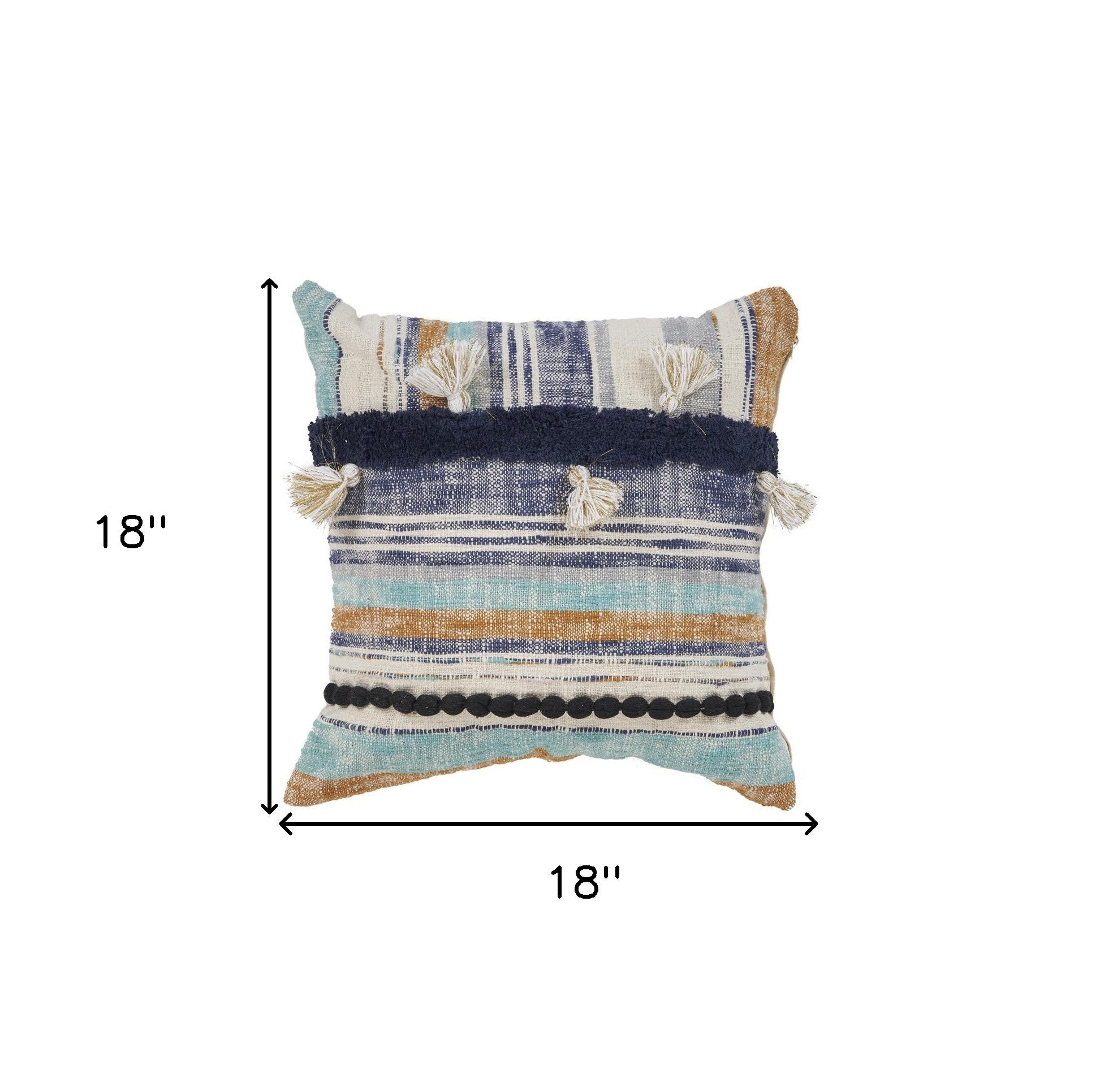 18" Blue and Beige Throw Pillow with Tassels