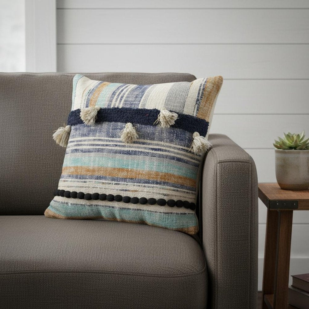 18" Blue and Beige Throw Pillow with Tassels