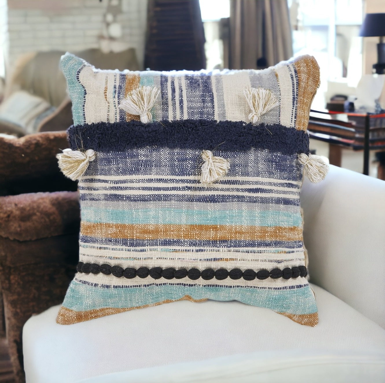 18" Blue and Beige Throw Pillow with Tassels